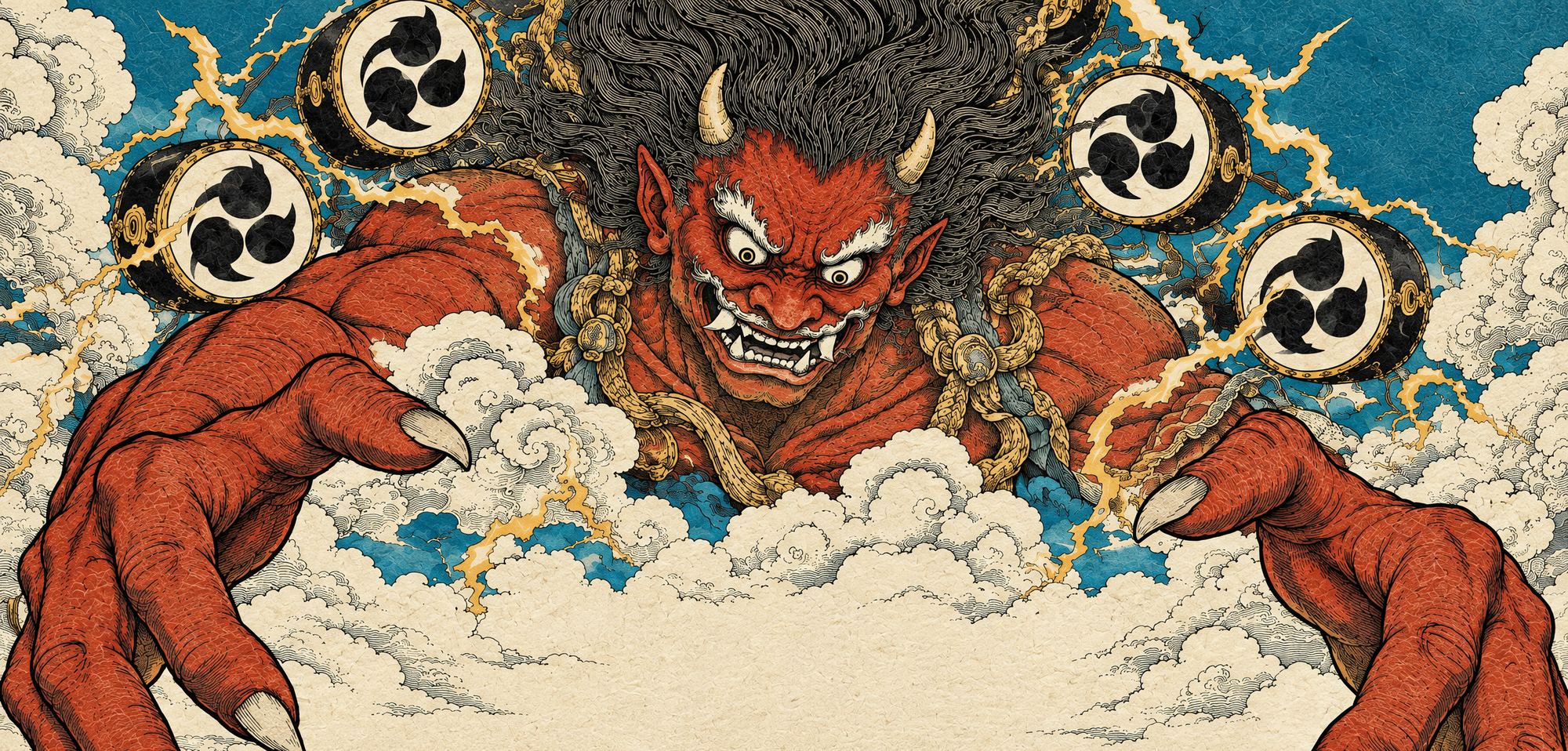 雷公的臉和雙手，四周是雲、閃電和太鼓。