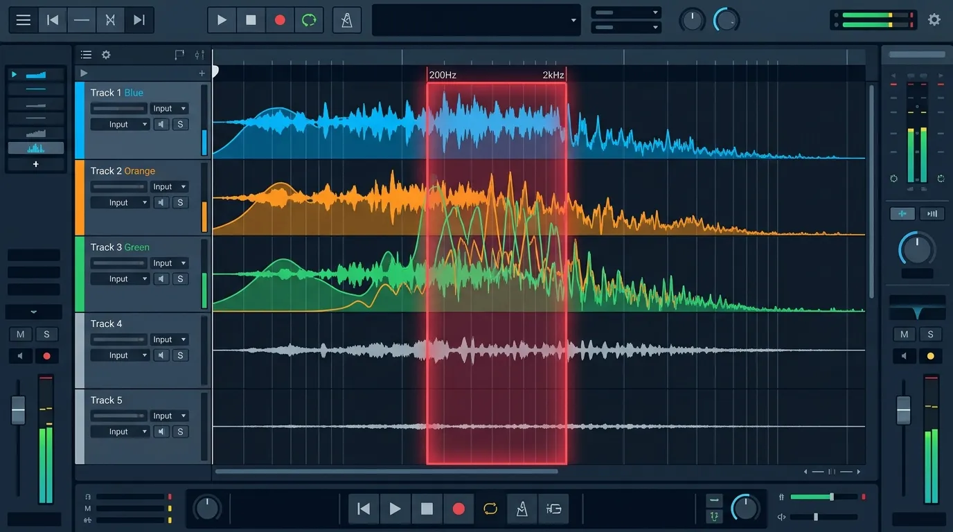 頻率衝突示意圖:多軌頻譜在中頻區重疊