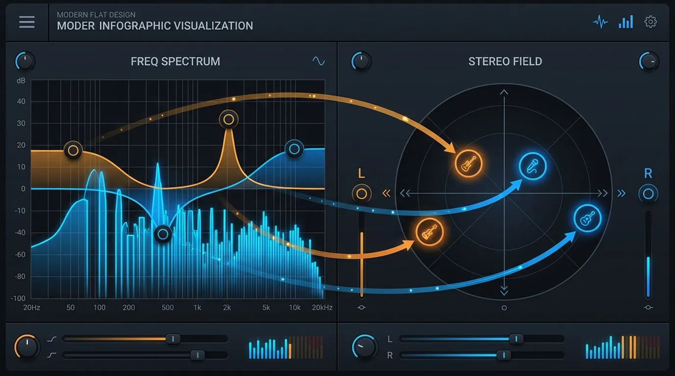 混音空間感前後層次與頻率概念圖