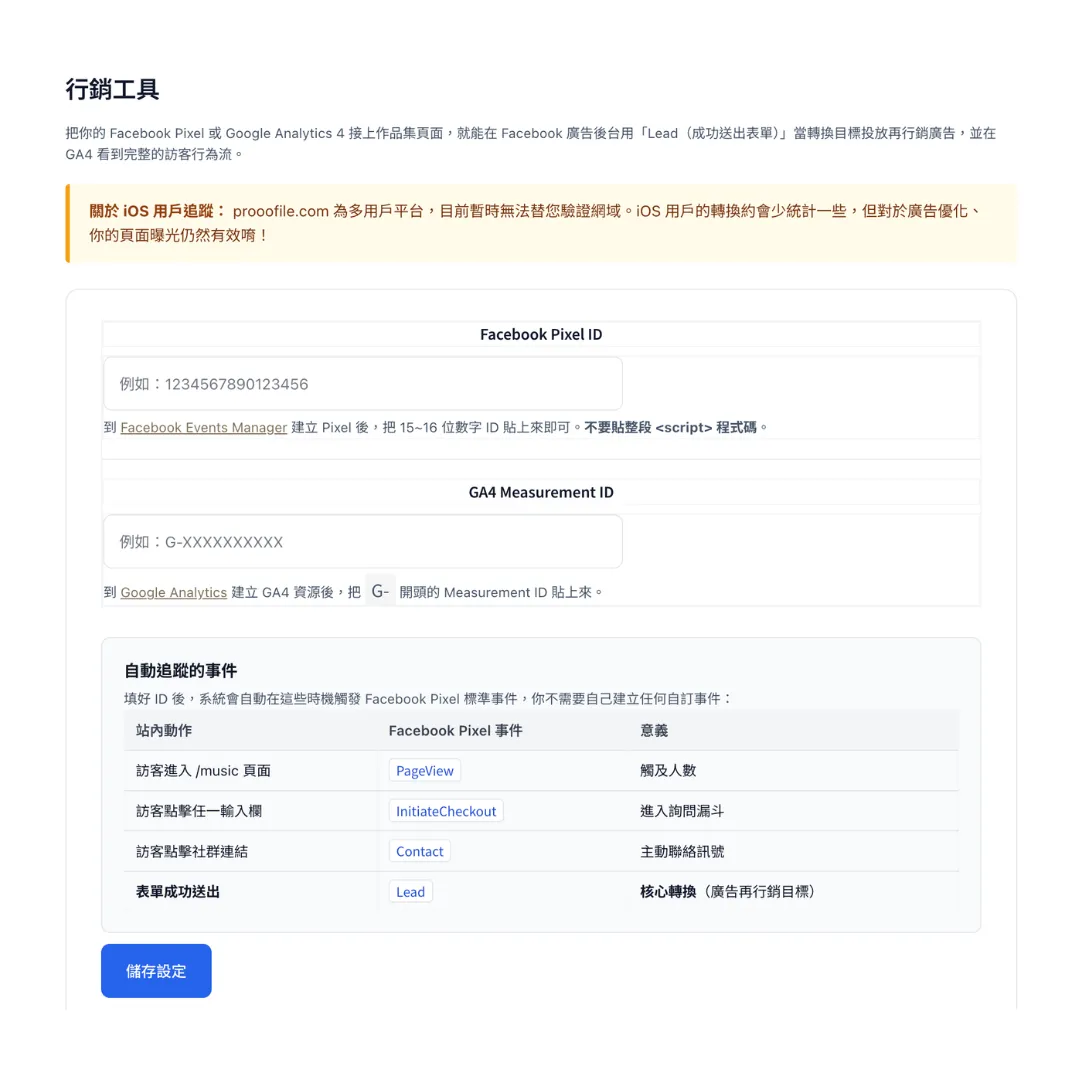 行銷工具 — FB Pixel + GA4 一鍵接入