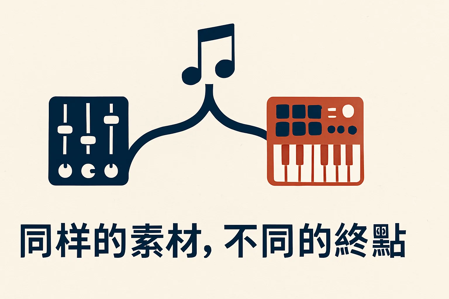 Remix 與混音差異概念圖 — 同樣的素材不同的終點