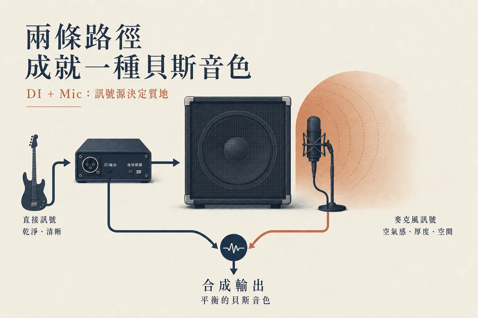 DI 與 Mic 雙軌:訊號源決定 Bass 音色質地