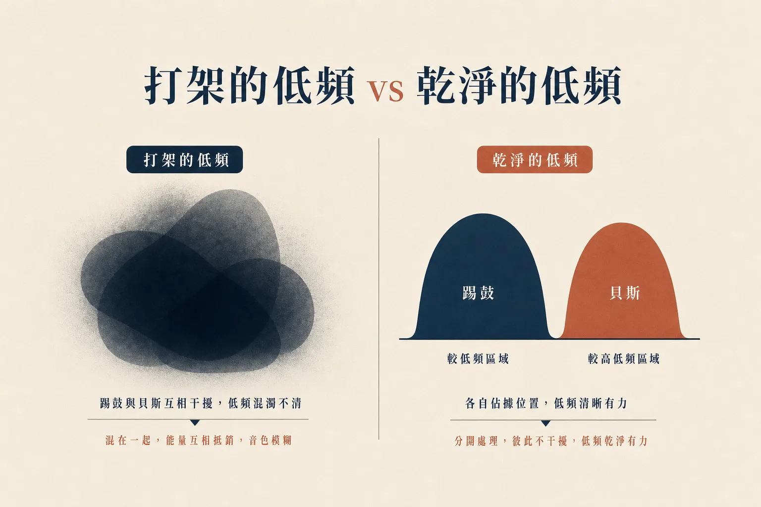Kick Bass 打架 vs 乾淨低頻的對照示意