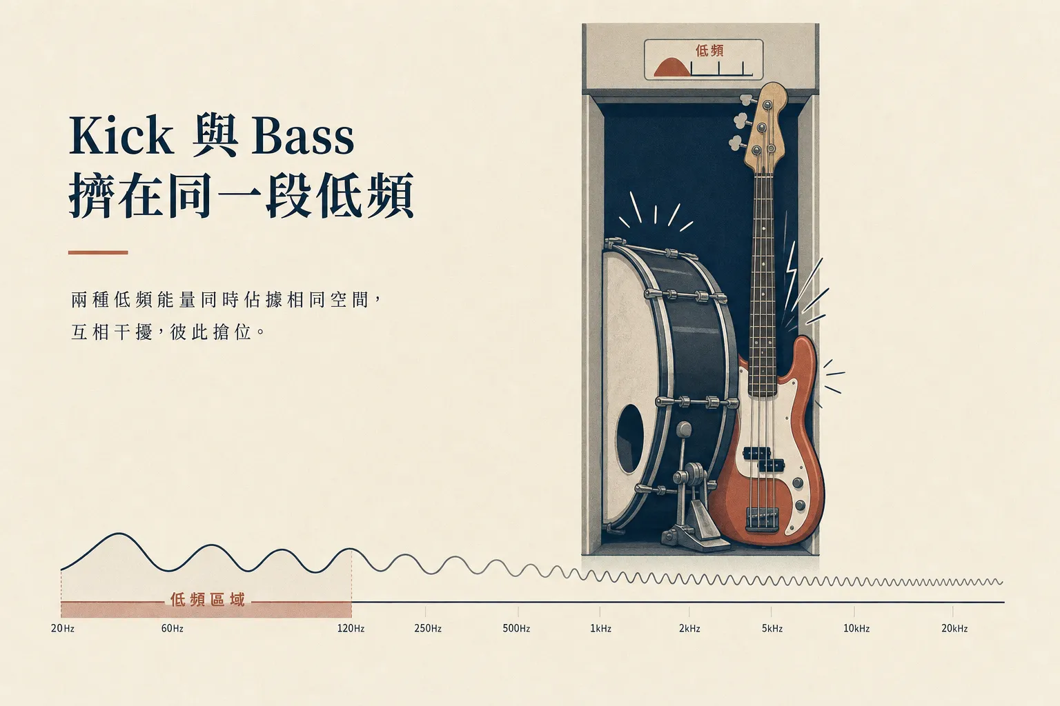 Kick 跟 Bass 擠在同一段低頻位置示意