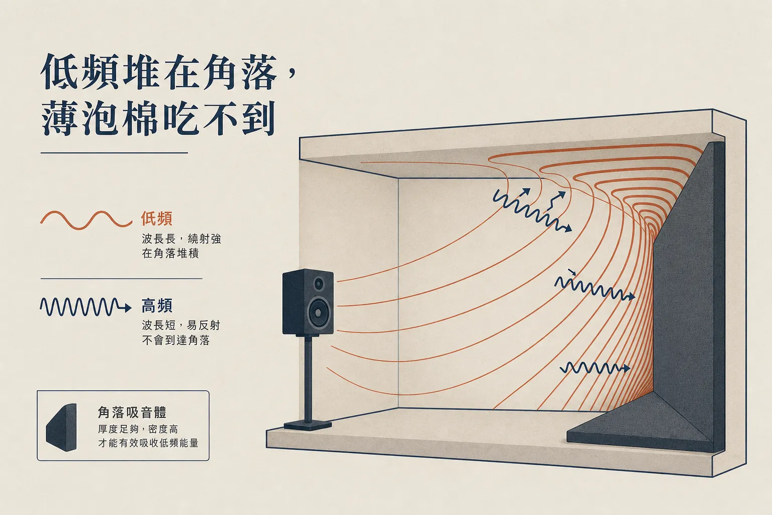 低頻堆在角落,薄泡棉吃不到:高頻與低頻需要的處理不一樣