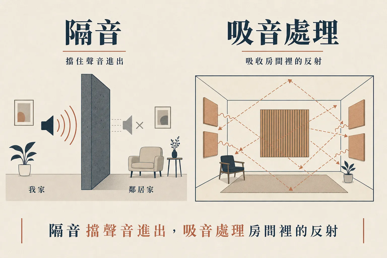 吸音和隔音:隔音擋聲音進出,吸音處理房間裡的反射