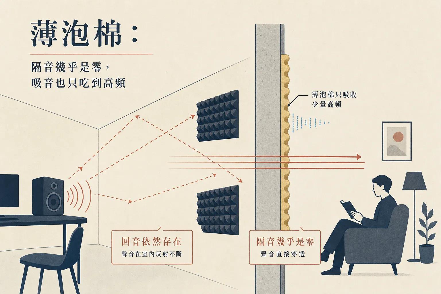 薄泡棉:隔音幾乎是零,吸音也只吃到高頻