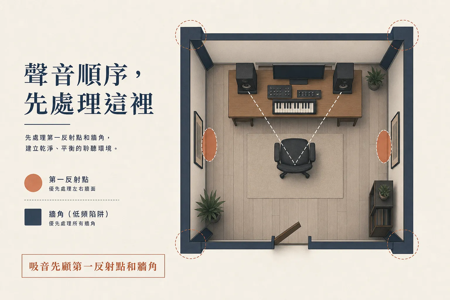 吸音先顧第一反射點和牆角