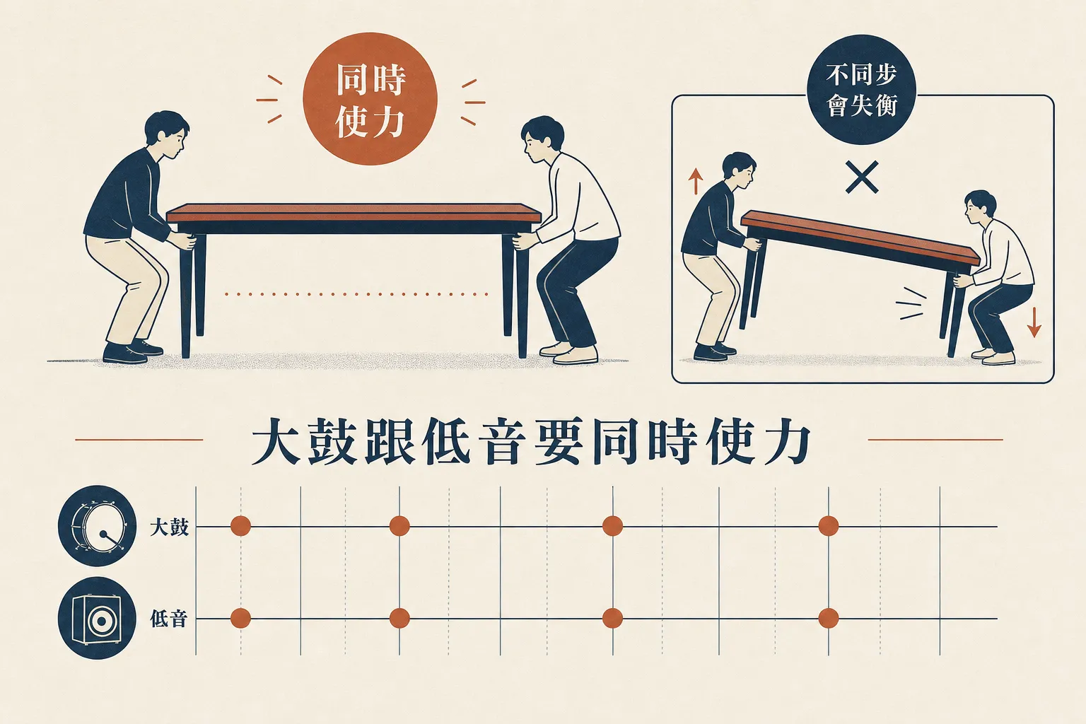 大鼓跟低音要同時使力，像兩個人合抬一張桌子