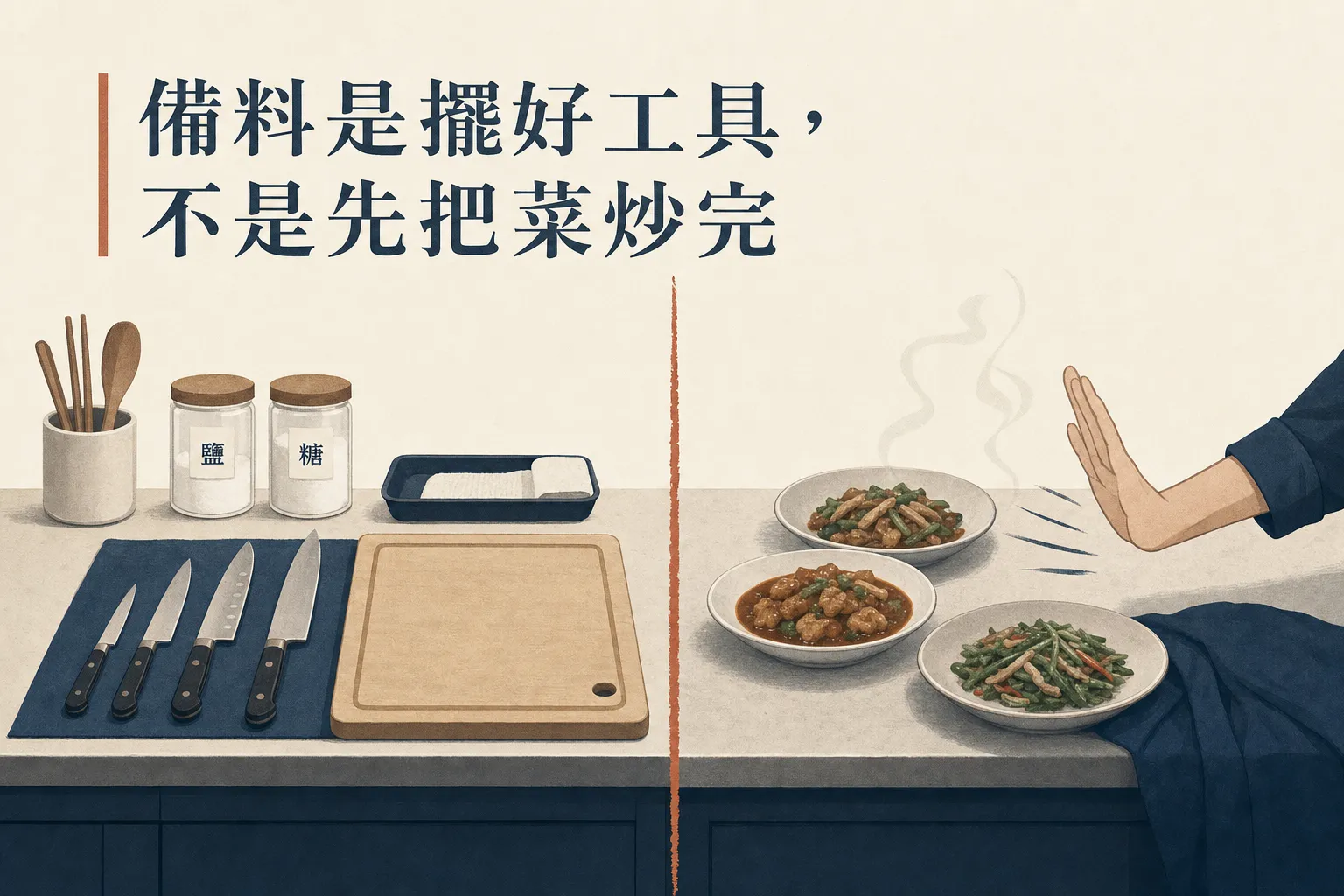 備料是擺好常用工具,不是先把整桌菜炒完