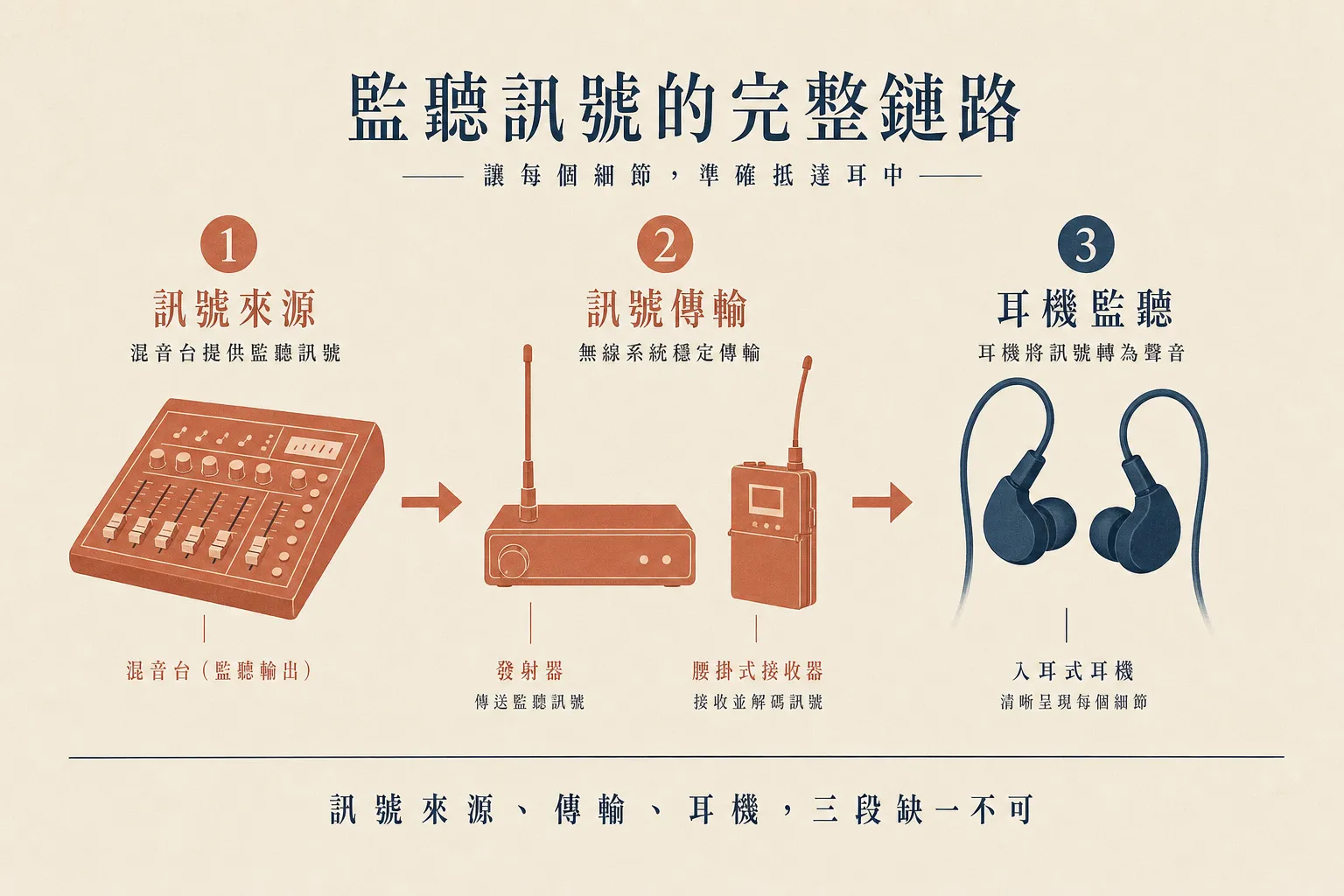 IEM 是訊號來源、傳輸、耳機三段組成的完整鏈路,缺一不可