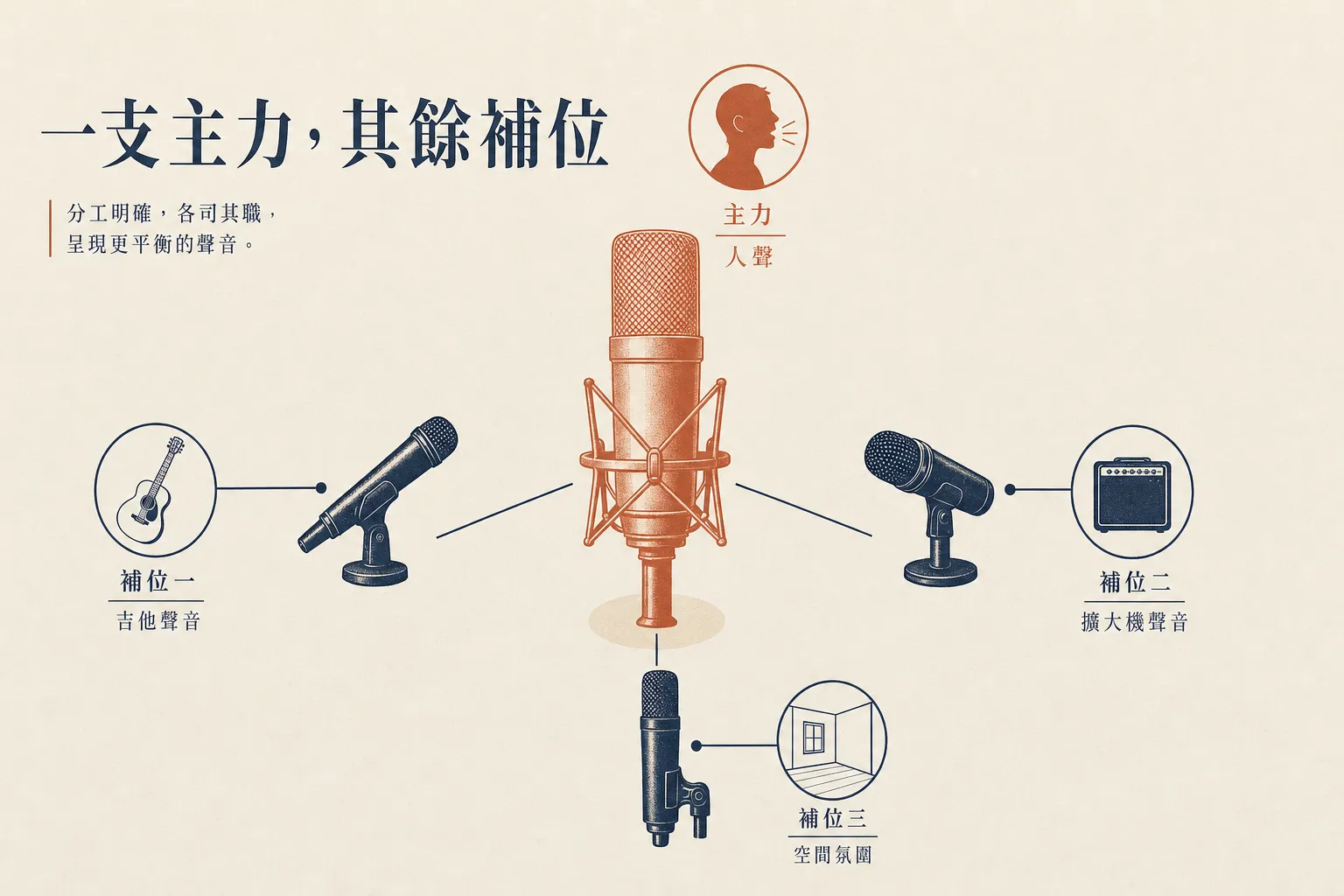 一支主力其餘補位:人聲主力,木吉他、音箱、空間各有補位麥克風