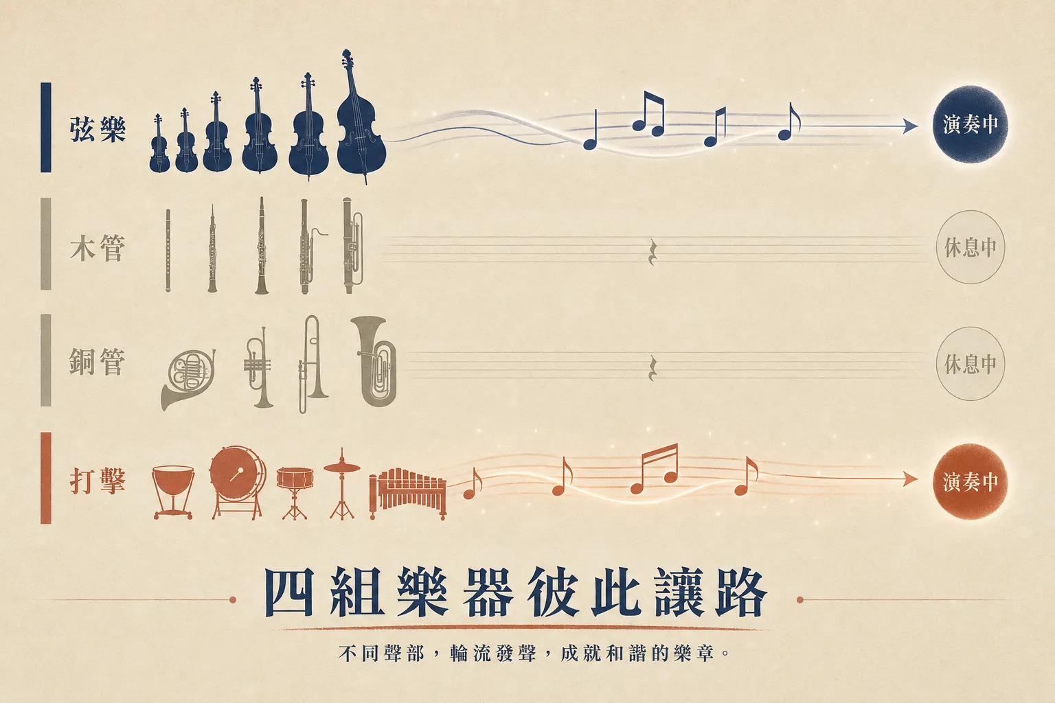 管弦配樂的四大聲部彼此讓路,不是所有樂器同時演奏