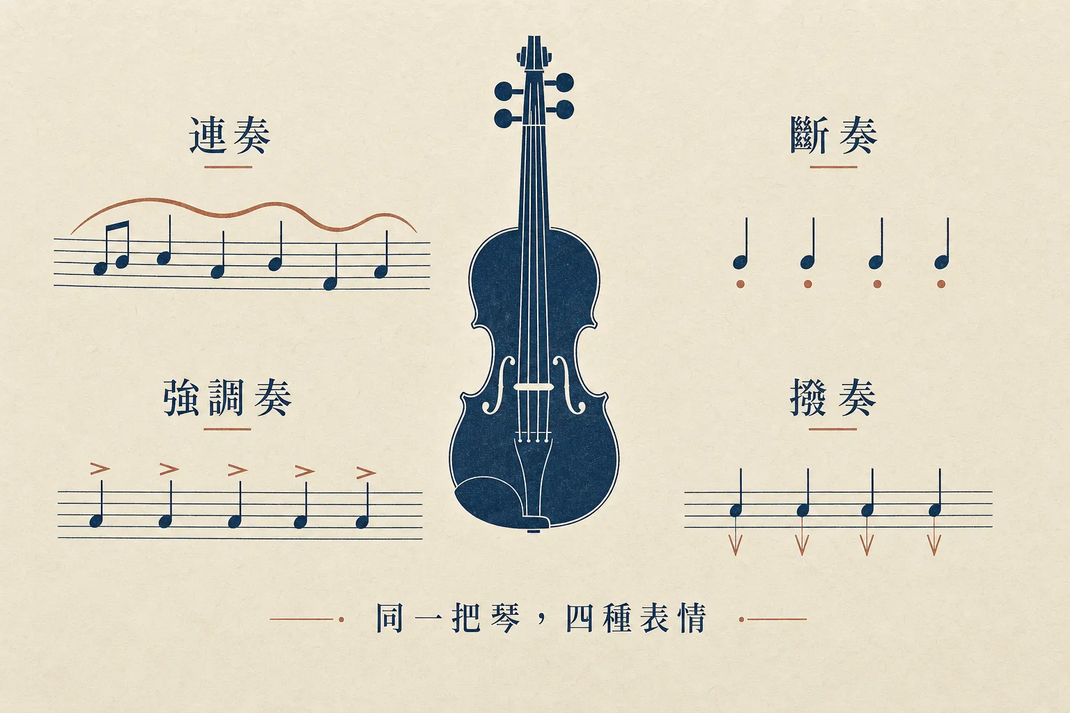 同一把小提琴的四種 articulation:連奏、斷奏、強調奏、撥奏