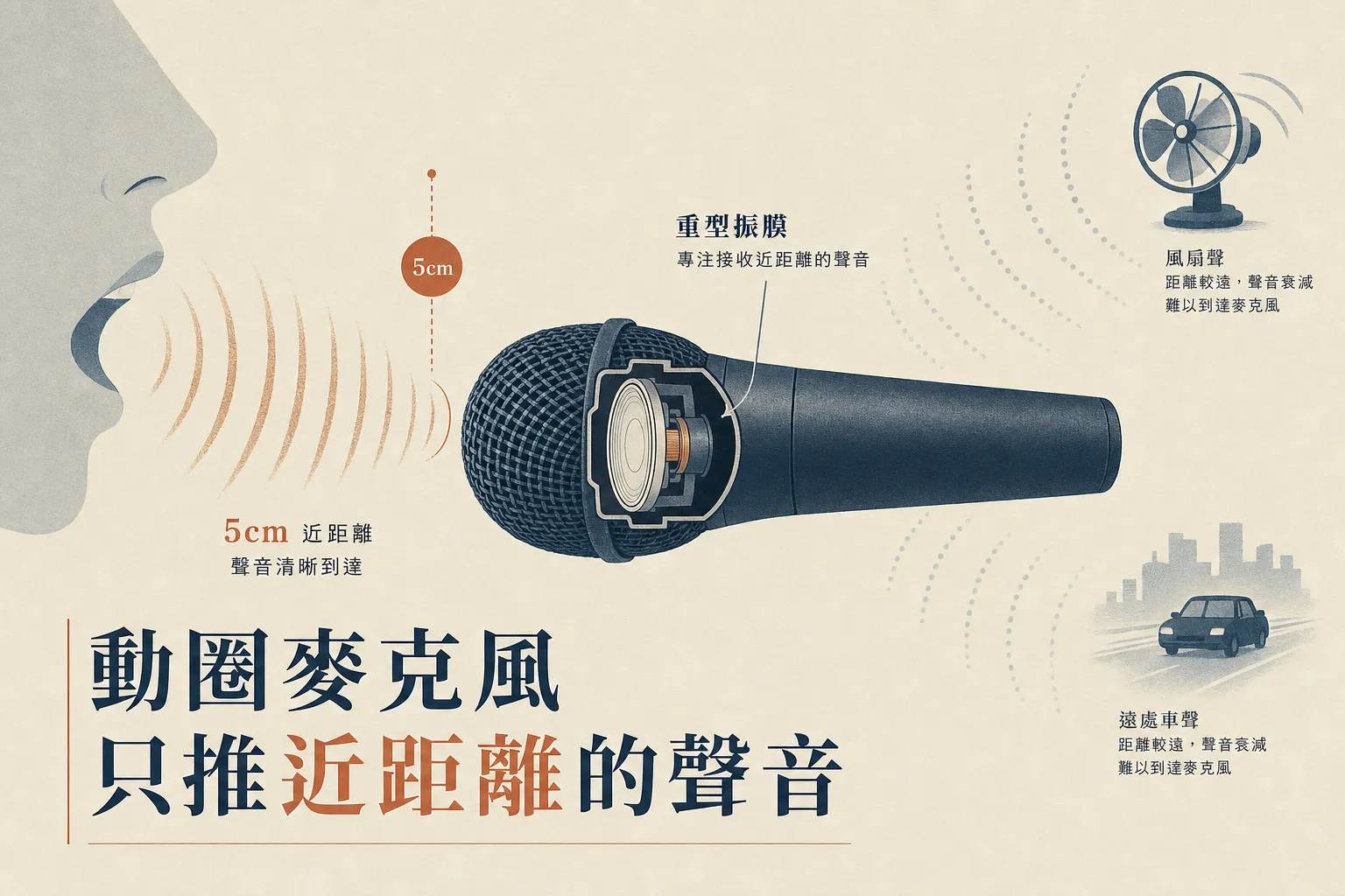 動圈麥克風只推近距離的聲音,遠處雜音推不動
