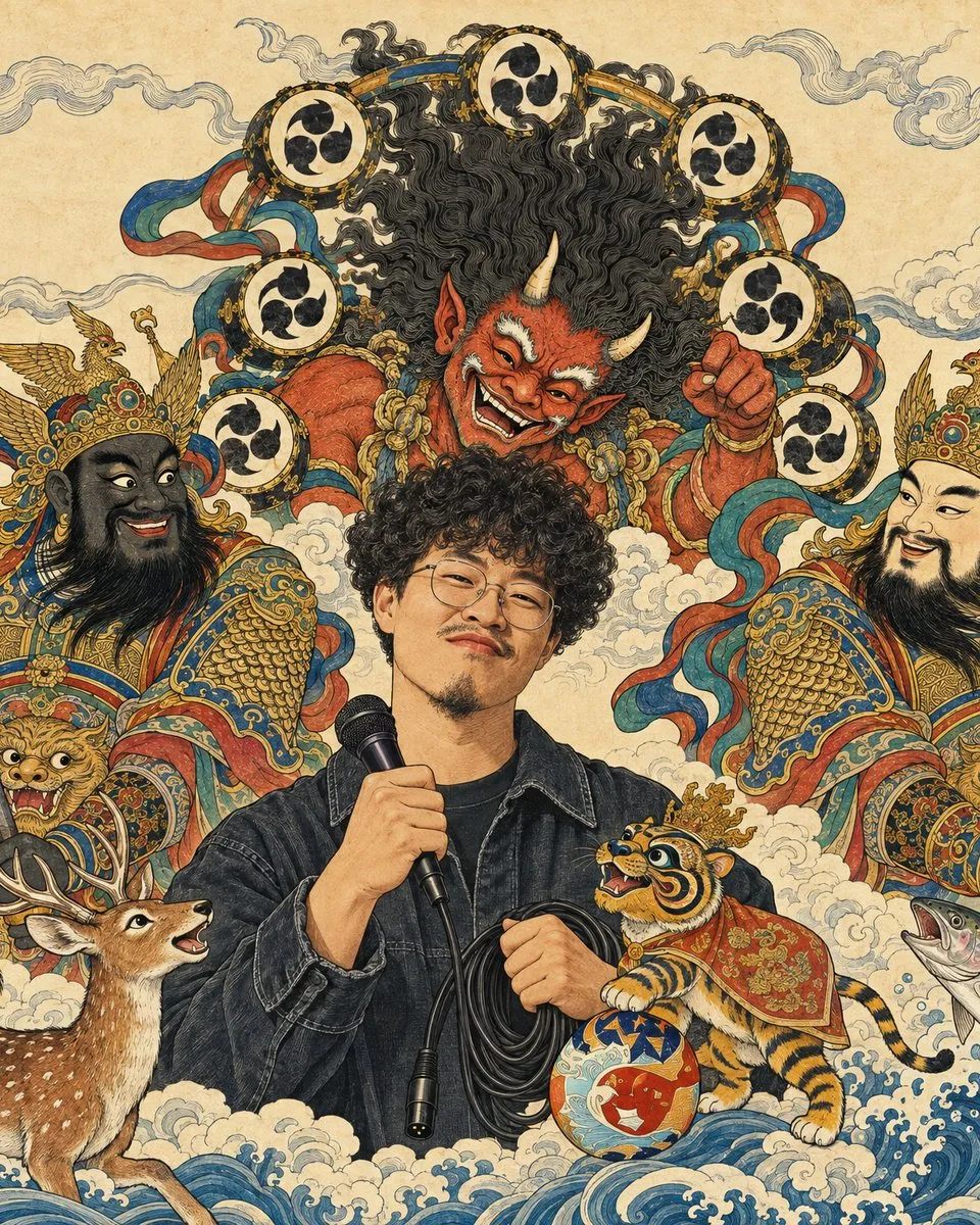 浮世繪風格的插畫：阿輝一手拿 Performer 麥克風、一手拿透亮線，門神、雷公、虎爺和台灣黑熊、藍鵲、梅花鹿、櫻花鉤吻鮭、石虎圍在他身邊