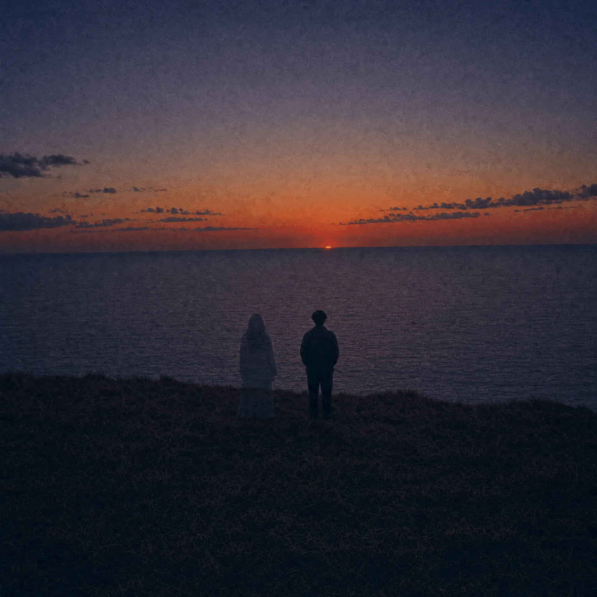 《忘了我們啊》單曲封面：黃昏的海邊，兩個並肩站著的身影